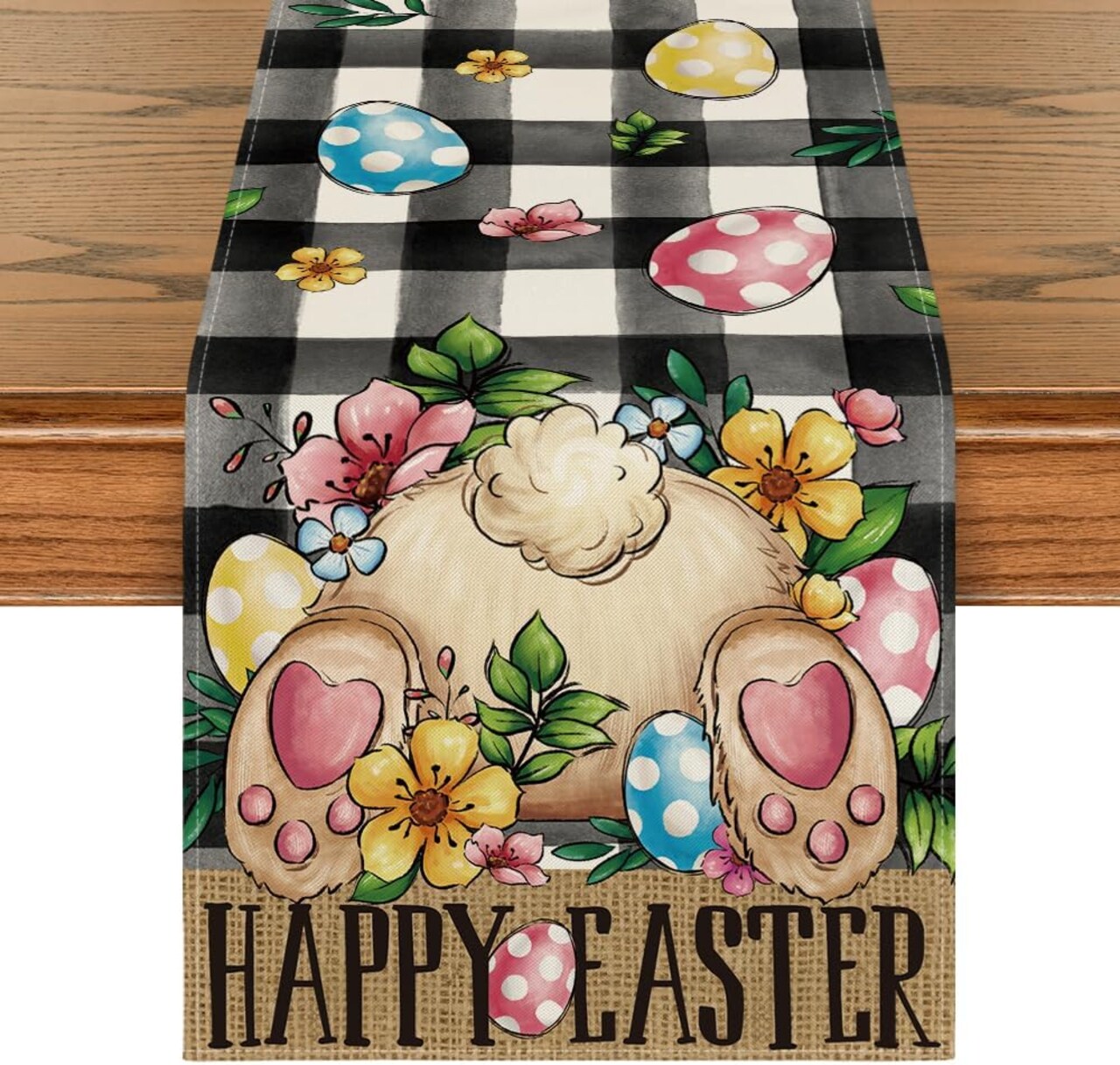 Buffalo Plaid Bunny Egg Flowers Happy Easter Table Runner, Seasonal Spring Kitchen Dining Table Decor for Home Party Decor 13x72 Inch